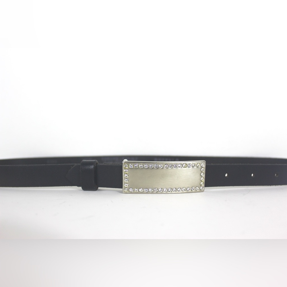Skinny Black Leather Belt with Brushed Silver and Rhinestone Buckle